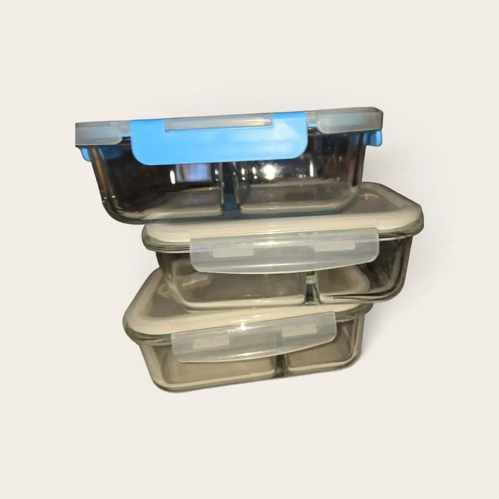 Healthy Meal Prep Glass Containers 2 Compartments Micro Oven Safe Set Of 3